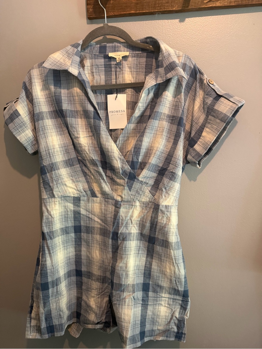 Promesa Blue and White Plaid Romper with Collared V-Neck